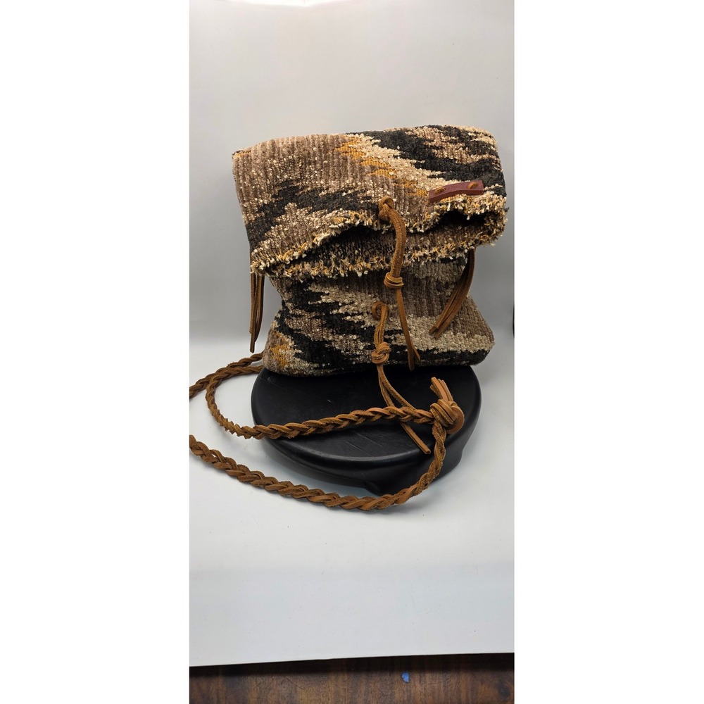 Vintage Woven Tapestry Crossbody Bag Brown Boho Braided Leather Strap Drawstring